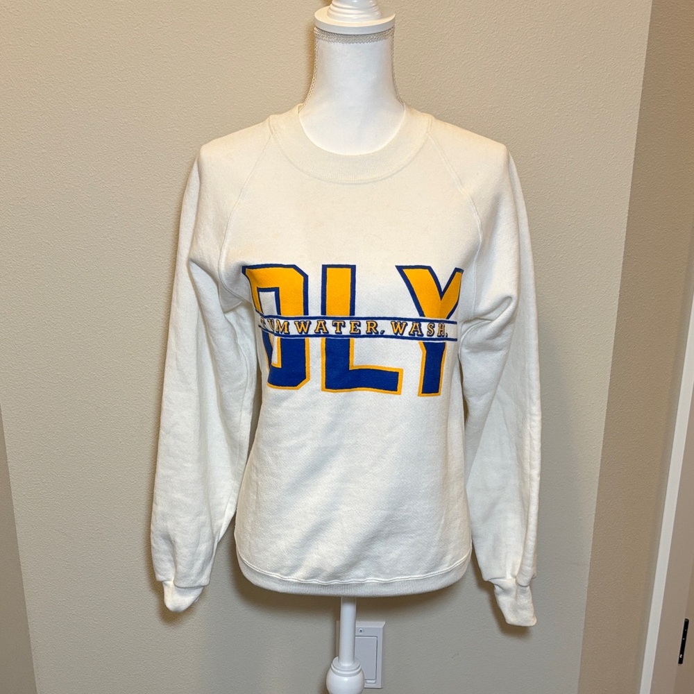 Vintage Russell Athletic White Sweatshirt with Blue and Yellow Patch Logo